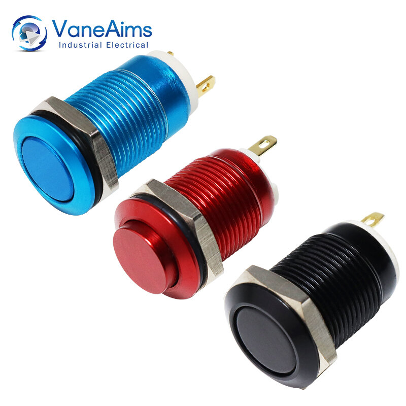 Vanears-Mini Interruptor de Botão de Metal, HS12 Momentary, Auto Reset, Vermelho, Amarelo, Azul, Verde, Preto, Oxidação, 12mm, 0.5A, 2Pin