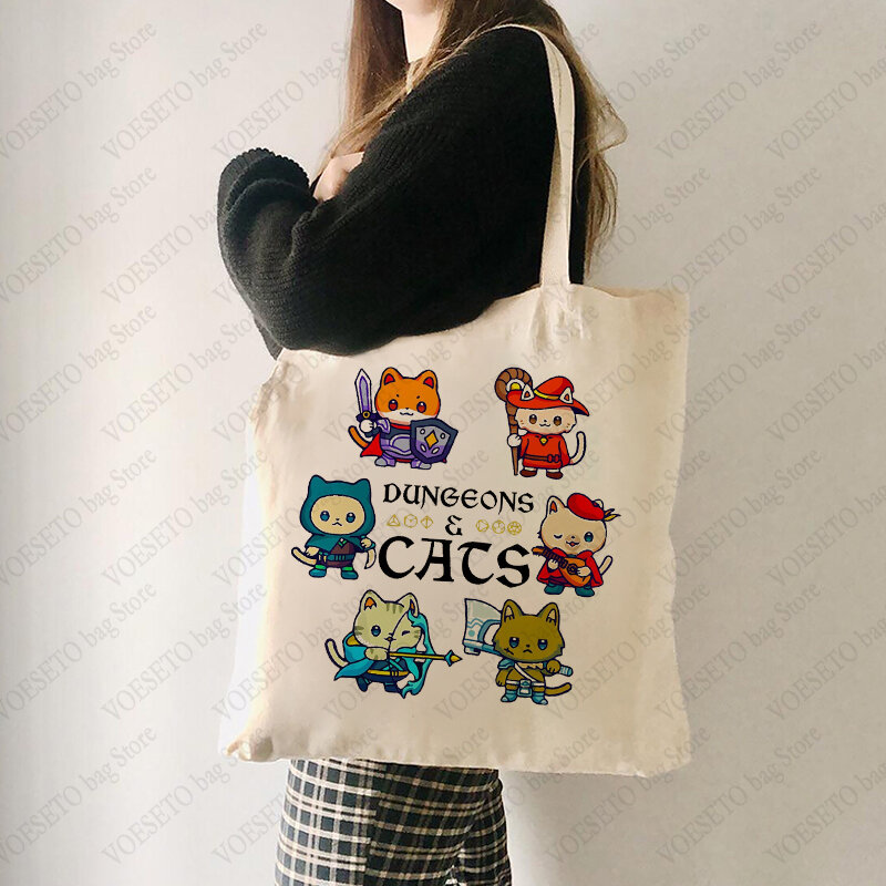Tas Tote pola dugeon and Cats tas bahu kanvas kucing lucu untuk perjalanan sehari-hari tas belanja wanita dapat digunakan kembali