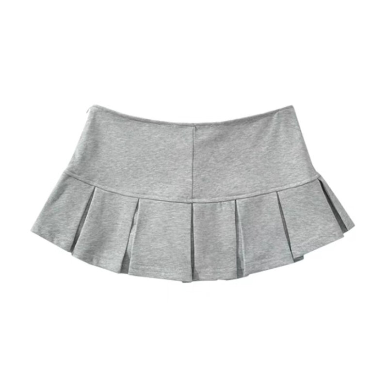HOUZHOU Women Terry Fabric Y2K Mini Skirt Wide Pleat Low Waist Grey A-line Sexy Pleated Skirt Vintage Preppy Skort Casual Summer