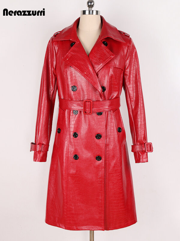 Nerazzurri musim semi panjang merah mengkilap keras motif buaya Pu kulit mantel Trench untuk sabuk wanita Double Breasted mode Eropa 5xl