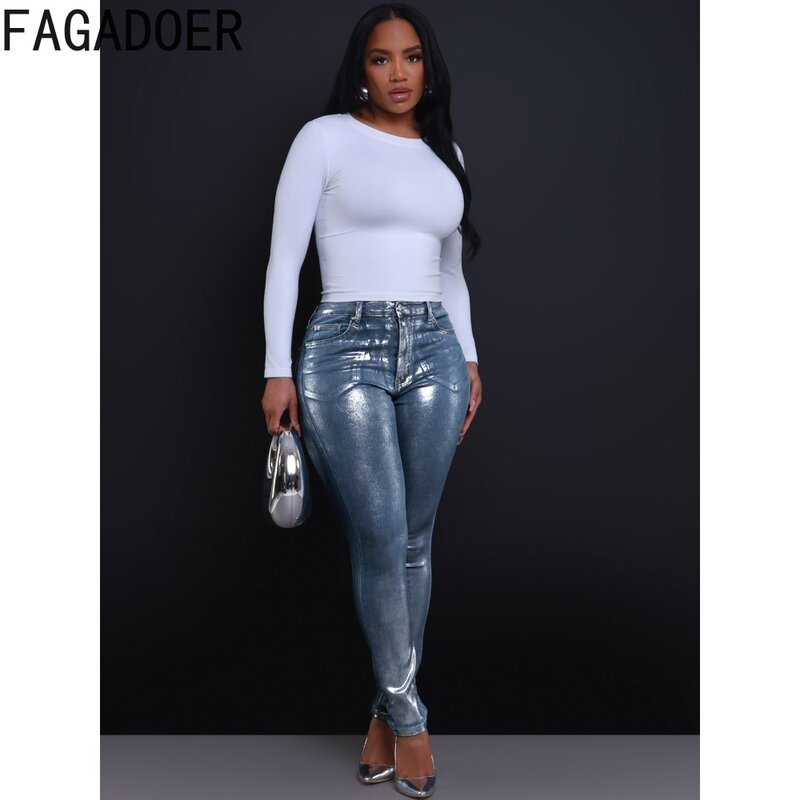 FAGADOER Silvery Fashion Sparkling Elasticity Skinny Pants Women High Waisted Button Pocket Trousers Female Matching Streetwear