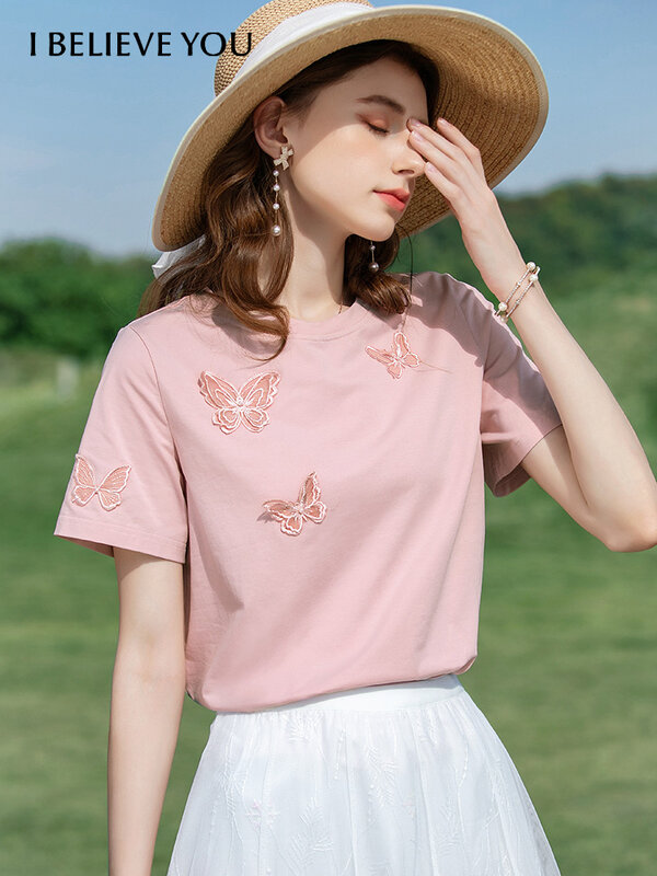 Ich glaube, Sie Frauen T-Shirts Eis Porzellan Baumwolle Perle Schmetterling Kurzarm 2024 Sommer neue Top Chic Casual Bluse 2222014367