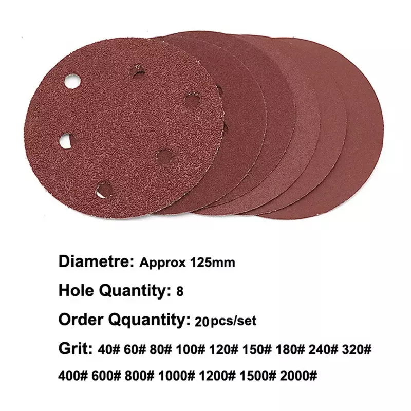 20 шт., круглые шлифовальные диски, 5 дюймов, 125 мм, 8 отверстий, Зернистость 40-2000