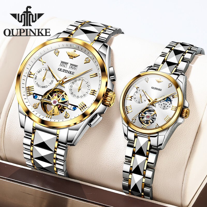 OUPINKE الأصلي توربيون زوجين الساعات زوج للرجال والنساء الفاخرة العلامة التجارية الأعلى التلقائي الميكانيكية ساعة اليد العشاق الهدايا