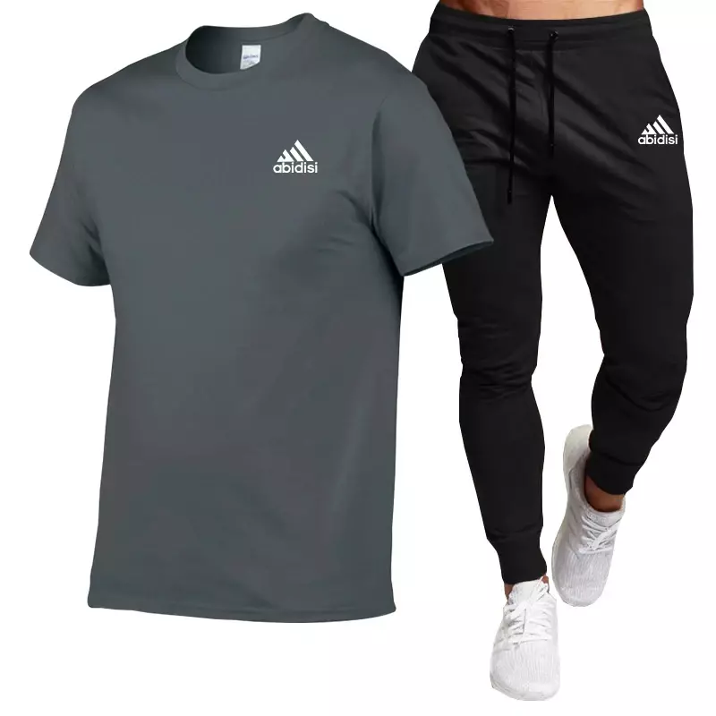 Koop Zomermode Comfortkleding Heren Set 100% Katoenen T-Shirt Met Korte Mouwen + Zwarte Casual Joggingbroek 2-delige Set