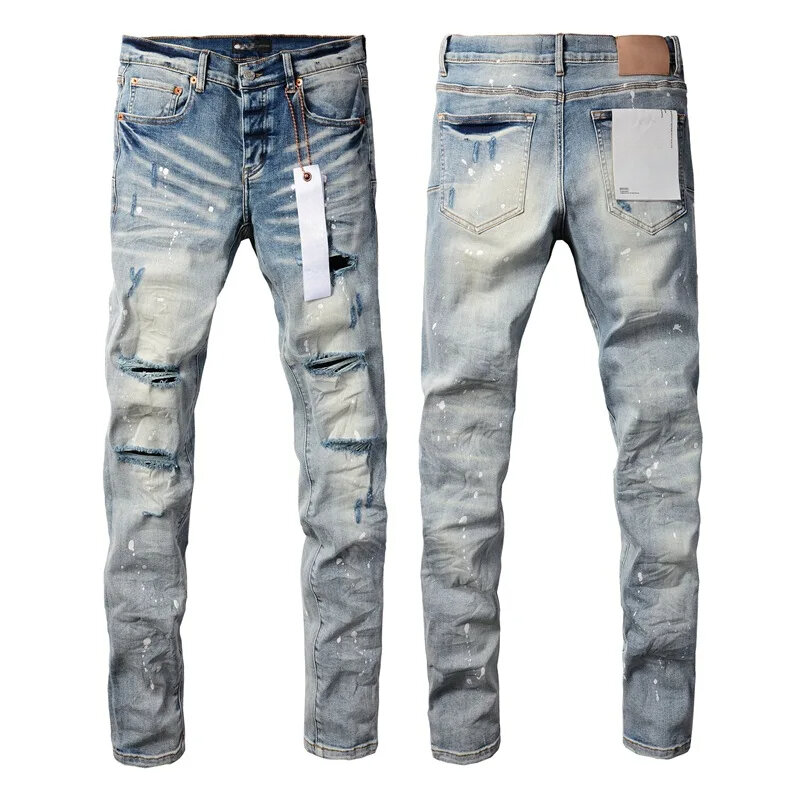 Ungu Roca merek jeans high street biru robek tertekan mode kualitas tinggi perbaikan rendah naik celana denim kurus celana
