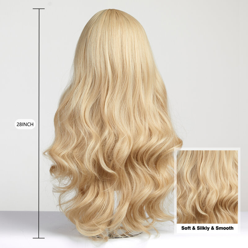 Parrucche sintetiche bionde lunghe ondulate di cenere leggera con frangia per le donne parrucche per capelli per uso quotidiano con onde naturali resistenti al calore