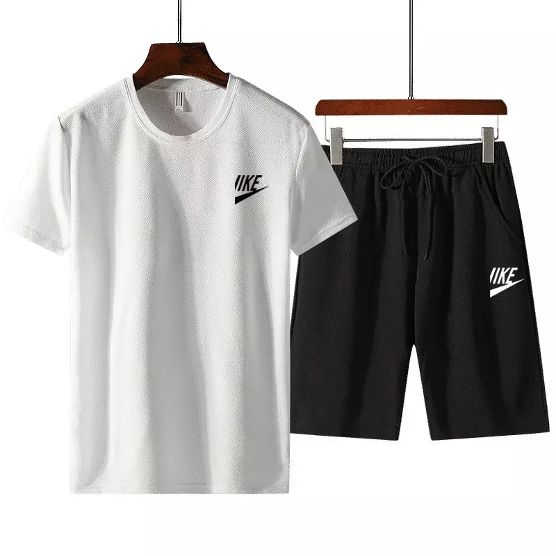 Trendy summer outdoor sports set, men's short sleeved T-shirt shorts, casual and fashionable two-piece set, sweat absorbing and
