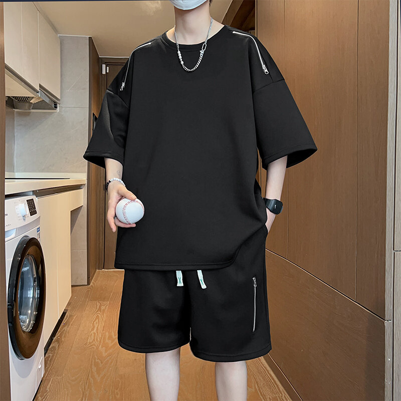 Fato de treino coreano extragrande masculino, moda de rua, camiseta e shorts com zíper, streetwear masculino, roupas, conjuntos 2 pcs, novo