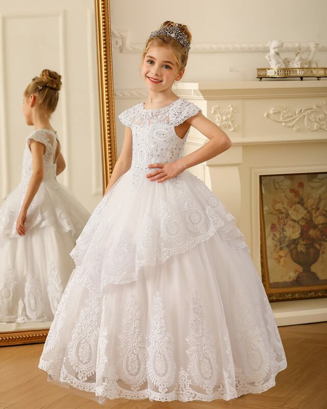 White Fower Girl Dresses For Wedding Cap Sleeves Pagenat Dress Long Toddlers Beaded Lace Applique First Communion Gowns