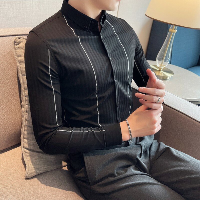 2024 primavera/estate di alta qualità Business formale camicie a righe uomo manica lunga Casual Slim Fit smoking Shirt Social Club abbigliamento