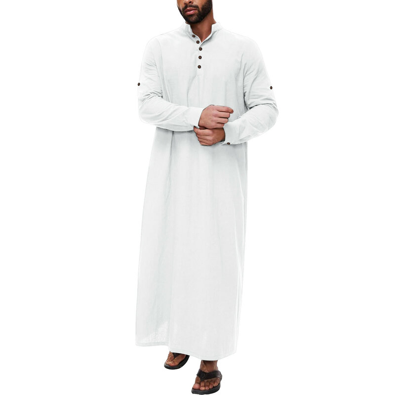 2024 New Mens Middle Arabic Style Simple Long Mens Button Muslim Robe Long Sleeve Robe Side Slit Robe Button Pocket Robe