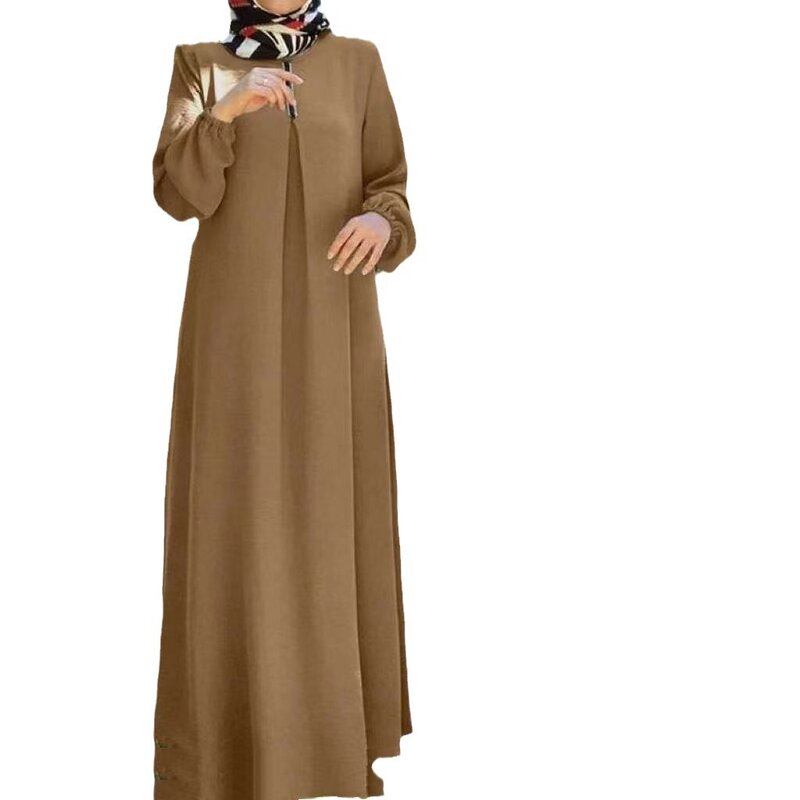 Арабские однотонные Абайи с круглым вырезом для женщин, однотонное стрейчевое мусульманское платье с манжетами, женские модные простые трапециевидные платья, винтажный Дубайский кафтан