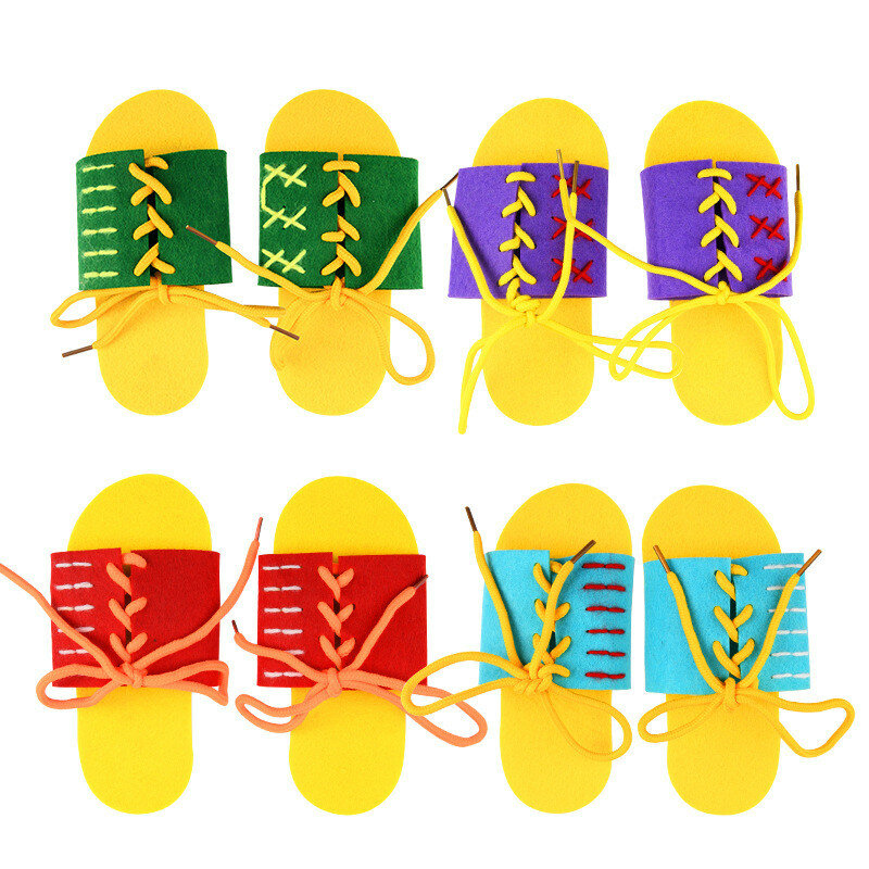 Zapatillas hechas a mano no tejidas para niños, 2 piezas, cordones de lazo, entrenamiento, guardería, ayudas creativas para la enseñanza, juguetes educativos