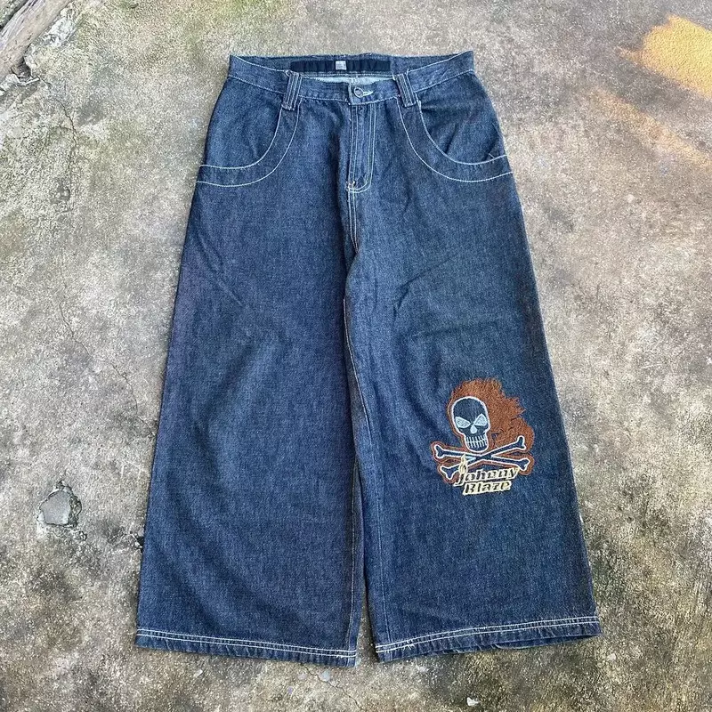 Jeans lavado com crânio bordado com emenda de zíper, marca americana de moda de rua alta, nicho retrô, calça reta solta