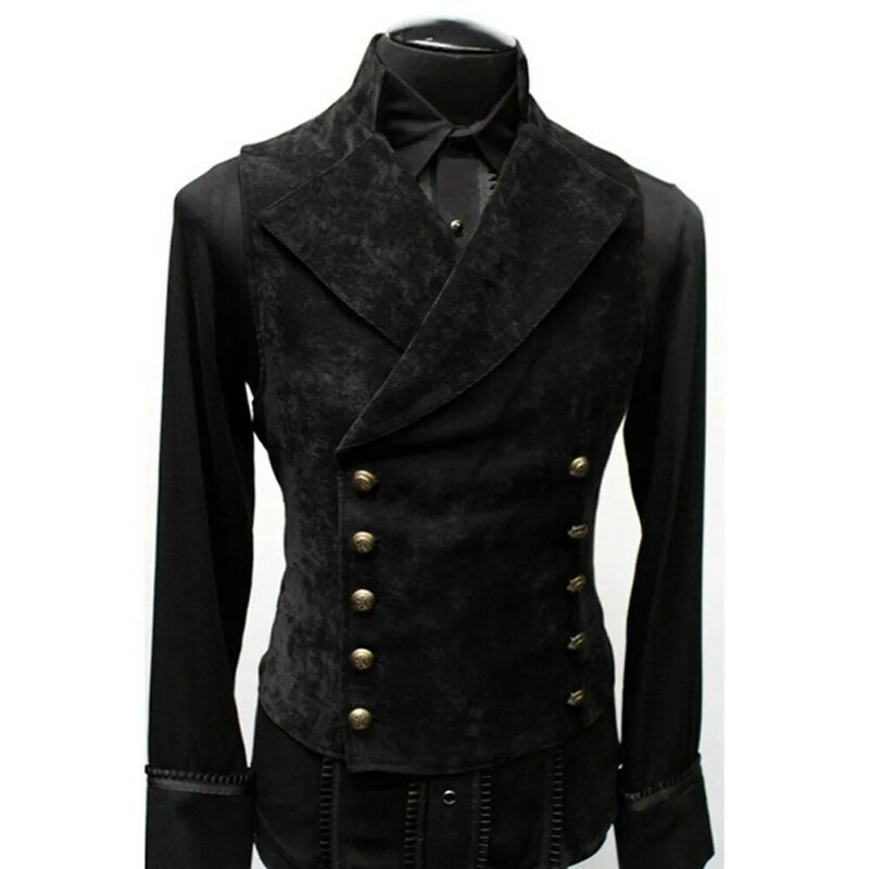 Men’s Gothic Medieval Double Breasted Waistcoat Cosplay Costume Victorian Velvet Vest Coat Prom Retro Stand Collar Comfy Vest