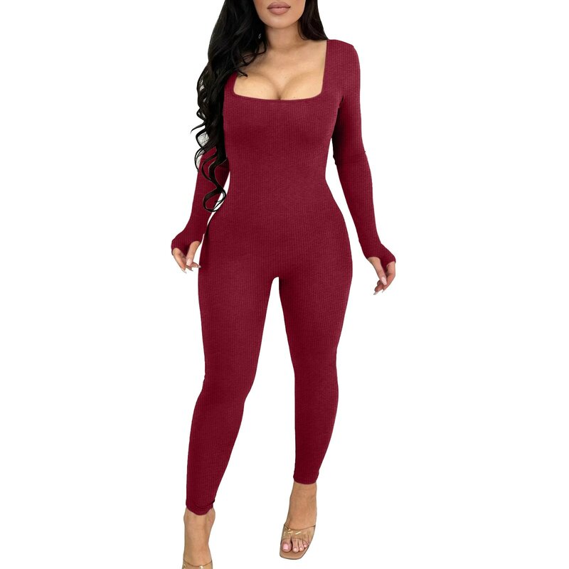 Women Tight Fitting Jumpsuit Solid Color Ribbed Knit Long Sleeve Square Neck Bodycon Rompers Work Out Sport Yoga Playsuits