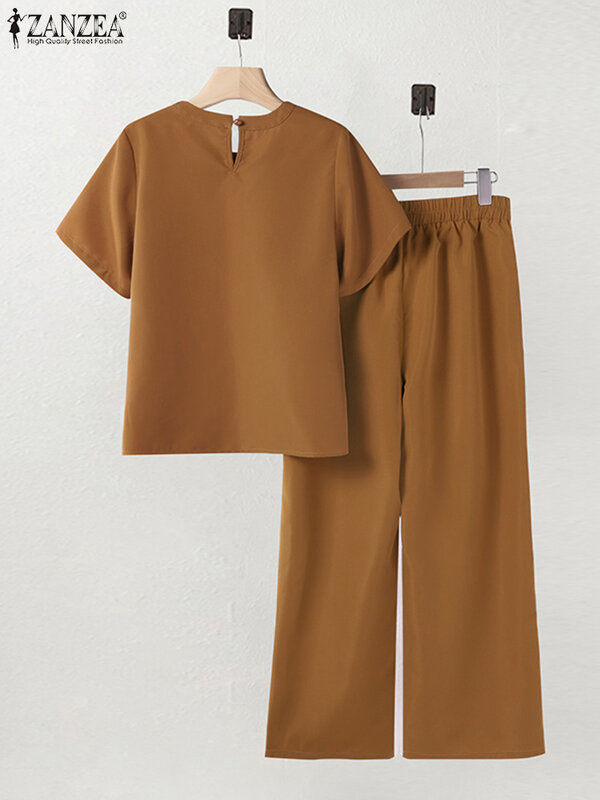 ZANZEA-Ensemble de pantalons de vacances pour femmes, chemisier à manches courtes, taille élastique, surintendant ser, tenues d'été 2 pièces, survêtements urbains décontractés, 2024