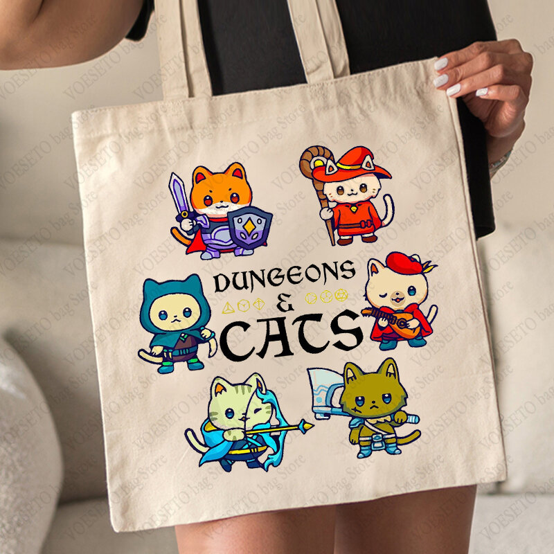 Сумка-тоут с рисунком подземелья и кошек, холщовые сумки на плечо с милым котом для путешествий, ежедневных поездок, Женская многоразовая хозяйственная сумка