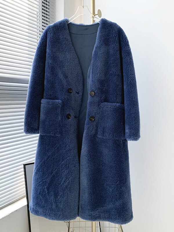 MENINA BONITA 2022 kurtka zimowa kobiety podwójne piersi V-neck płaszcz z prawdziwego futra naturalne splot wełny futro grube ciepłe luźna odzież
