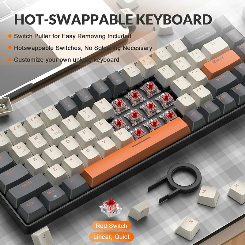 60% Wireless Mechanical Keyboard Bluetooth Dual Mode Hot-Swappable Mini 68-Key Red Switch for PC PS4 Xbox iPhone iPad