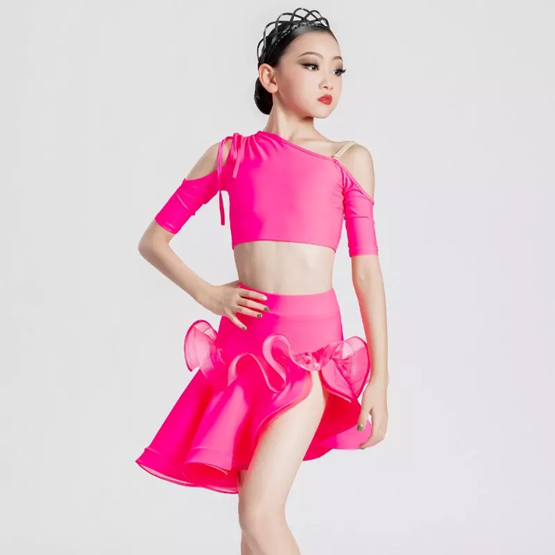Top e saia de competição de dança latina feminina, roupa de dança latina infantil, rosa, branco, roupa de dança latina