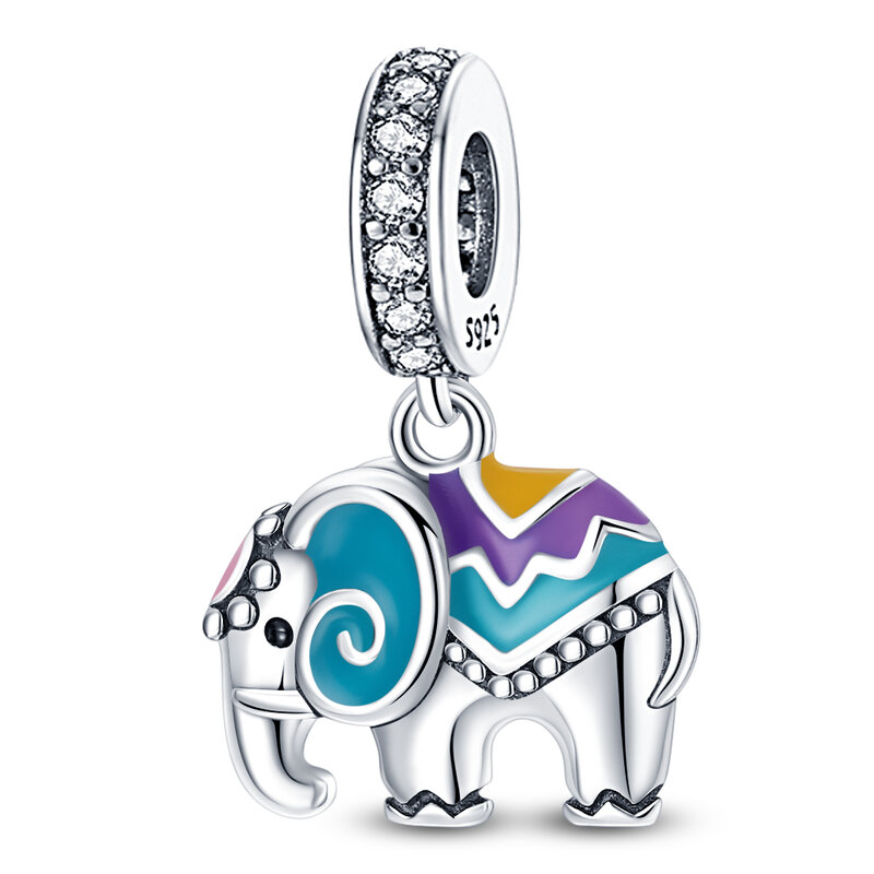 Indah 925 Sterling Silver penuh zirkonium & warna-warni & gajah anak jimat menjuntai cocok Pandora Gelang DIY hadiah perhiasan