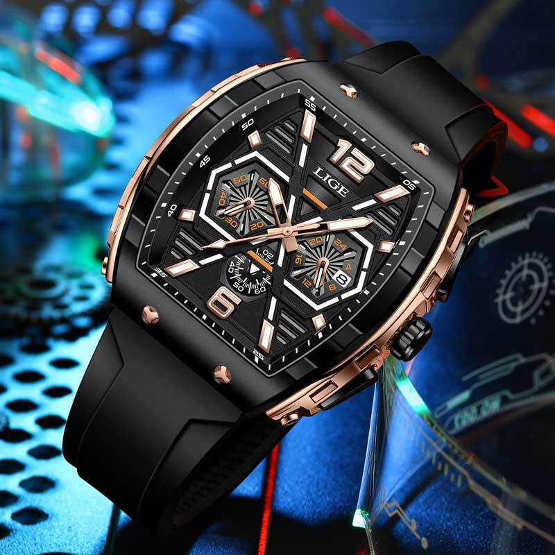 LIGE-Relógio de pulso quartzo impermeável masculino, Relógio Silicone, Data luminosa, Relógios esportivos, Luxo, Rise Wrist, Masculino