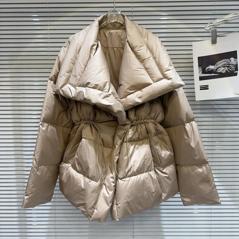 Fashion Solid Color Large Lapel Drawstring Waist Long Sleeve Warm Down Jacket Coat Female 2023 Winter Clothes Women