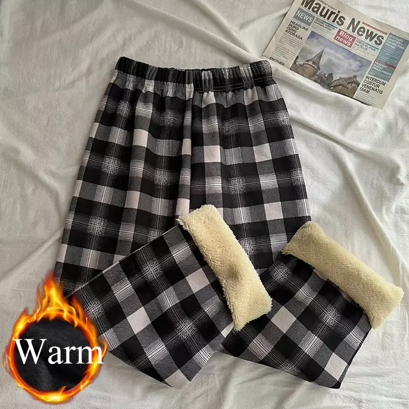 Calça xadrez reta de lã de cordeiro feminina, calça casual quente de perna larga, cintura elástica, engrossada, inverno