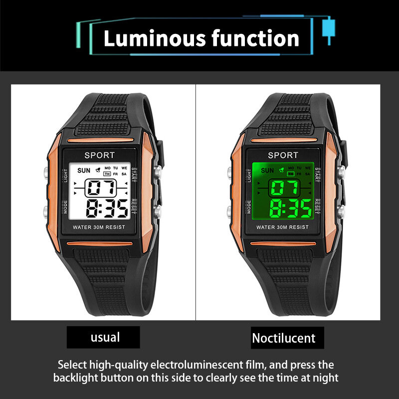 YIKAZE-Reloj de pulsera electrónico para hombre, cronógrafo Digital luminoso con pantalla LED, resistente al agua