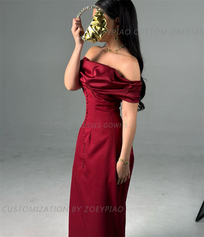 Bordeauxrood A Lijn Satijnen Avondfeest Prom Jurken Knoop Strapless Off Shoulder Korte Mouwen Avondjurken Vestidos Femme