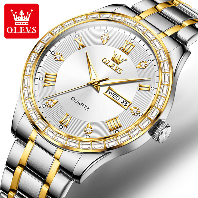OLEVS jam tangan Quartz modis 9906, hadiah gelang arloji baja tahan karat, Kalender tampilan minggu dial bulat