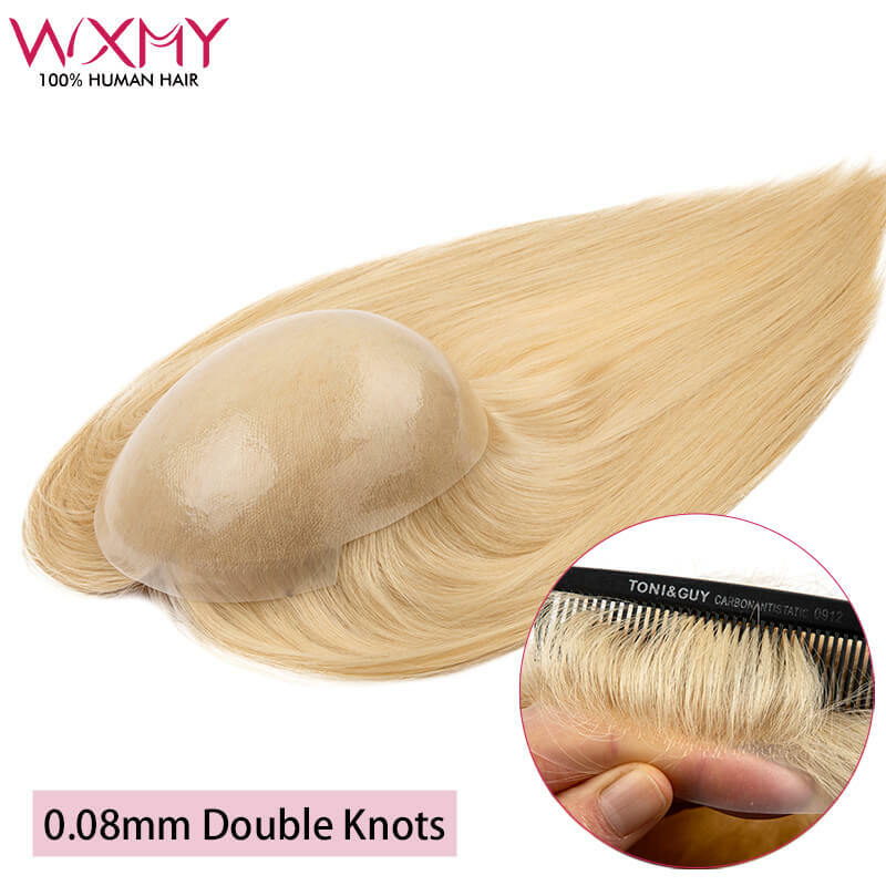Peruca de cabelo humano remy para mulheres, topper reto longo, base de pele com nó duplo, cultivo chinês, cabelo humano 100%