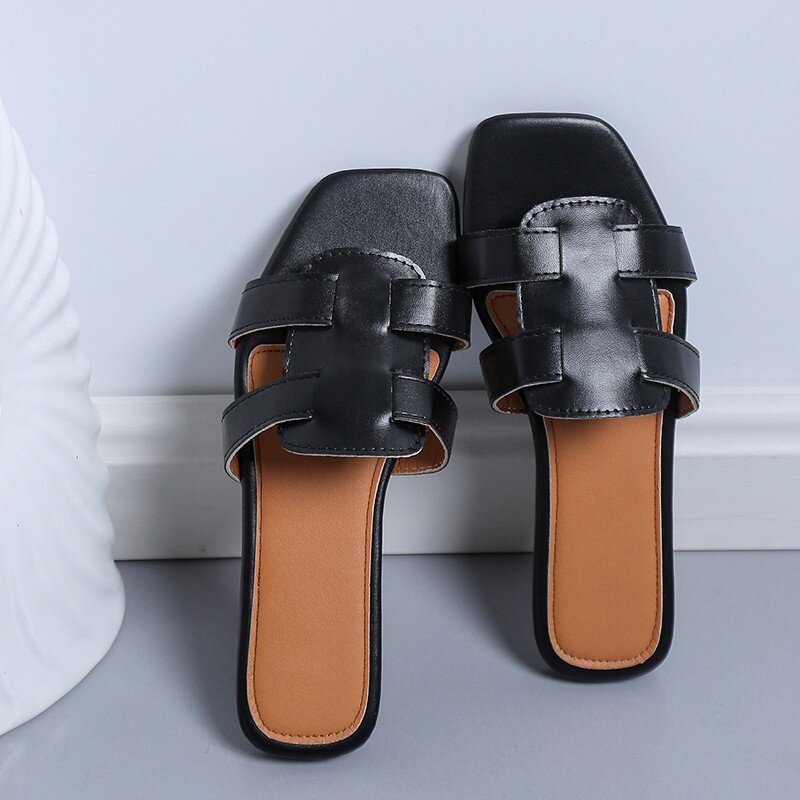 여성용 PU 슬리퍼 플랫 단색 캐주얼 신발, 하이 퀄리티 심플한 여름 오픈 토 슬리퍼, 2024 신상