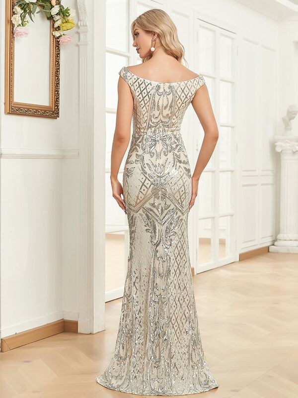 Lucyinlove elegante V-Ausschnitt Silber Pailletten Abendkleid 2024 Frauen ärmellose Party Maxi Meerjungfrau Kleid lange Luxus Ballkleid Kleid