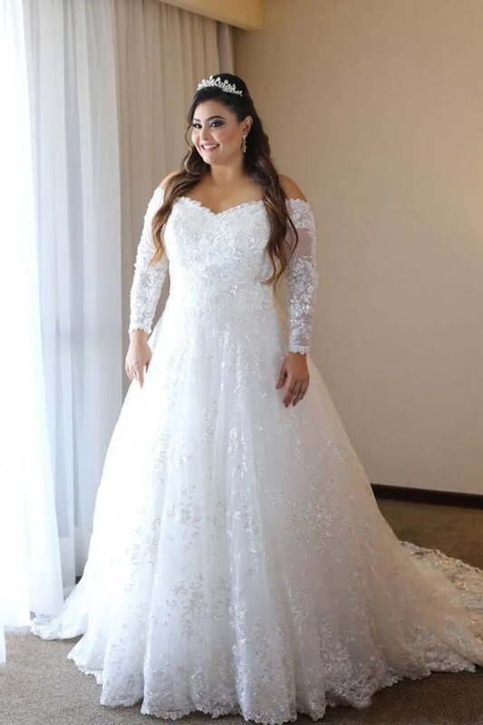 Vestido de novia de manga larga con hombros descubiertos, lentejuelas brillantes, Apliques de encaje, flor 3D, línea A, personalizado, talla grande