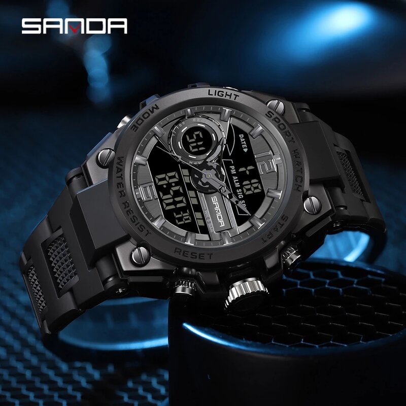 Sanda นาฬิกาข้อมือ Jam Tangan Digital ผู้ชาย, นาฬิกาอิเล็กทรอนิกส์ LED Jam Tangan Sport สำหรับผู้ชายนาฬิกากลางแจ้งนาฬิกาข้อมือกันน้ำ6092