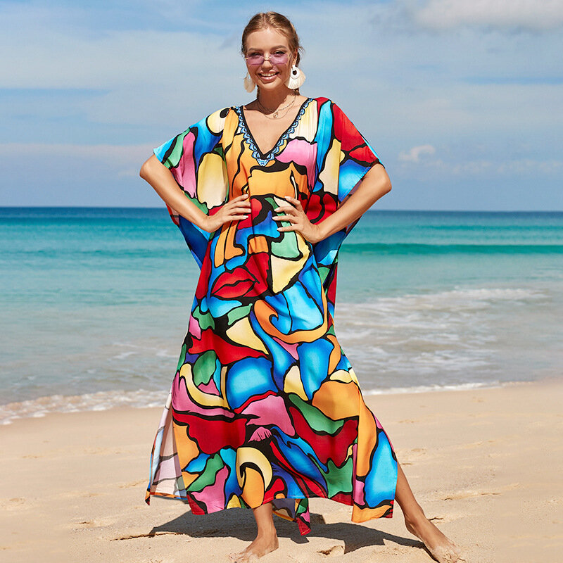 Nuova gonna stampata in cotone abito allentato Beach Vacation Bikini costume da bagno Cover Up camicia di protezione solare per le donne
