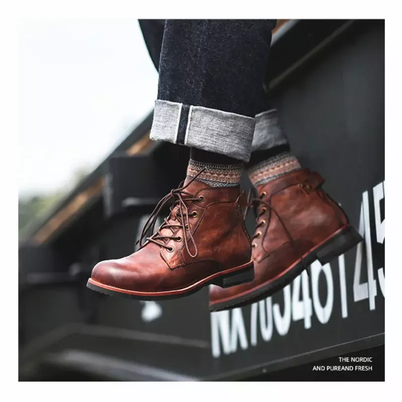 Мужские кожаные ботинки ручной работы, ботильоны с круглым носком в стиле ретро, Осень-зима 2024, мотоциклетные ботинки в уличном стиле, мужские ботинки на массивной подошве