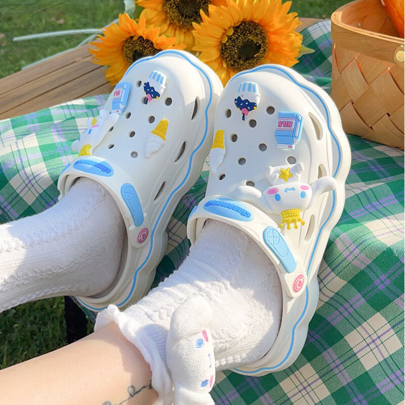 Kawaii Lolita Sanrio Hello Kitty sepatu gua wanita sandal musim panas dengan hak tebal Kuromi Cinnamoroll sandal kasual wanita