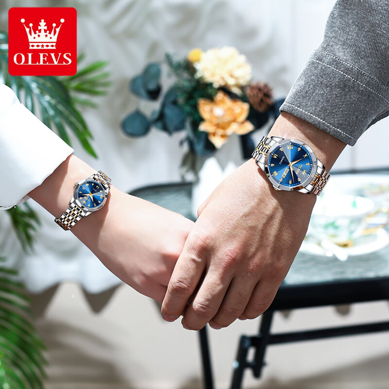 Zestaw zegarki dla par OLEVS dla swoich kwarcowych zegarków na rękę mężczyzn kobiet solidny romb ze stalowy pasek nierdzewnej Design prezent dla zakochanego w zegarku