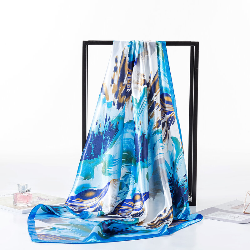 Bufandas de satén con estampado Floral para mujer, pañuelos cuadrados grandes, pañuelo sedoso para la cabeza, 90x90cm