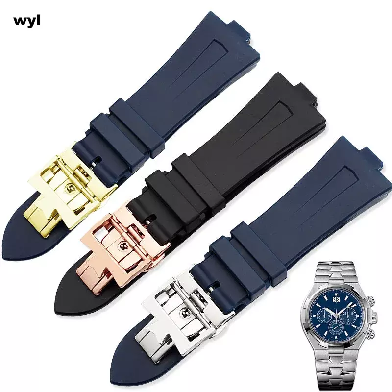 Tali jam tangan karet silikon cocok untuk vc Vacheron crisscross world seri P47040 tombol kupu-kupu pria 25mm