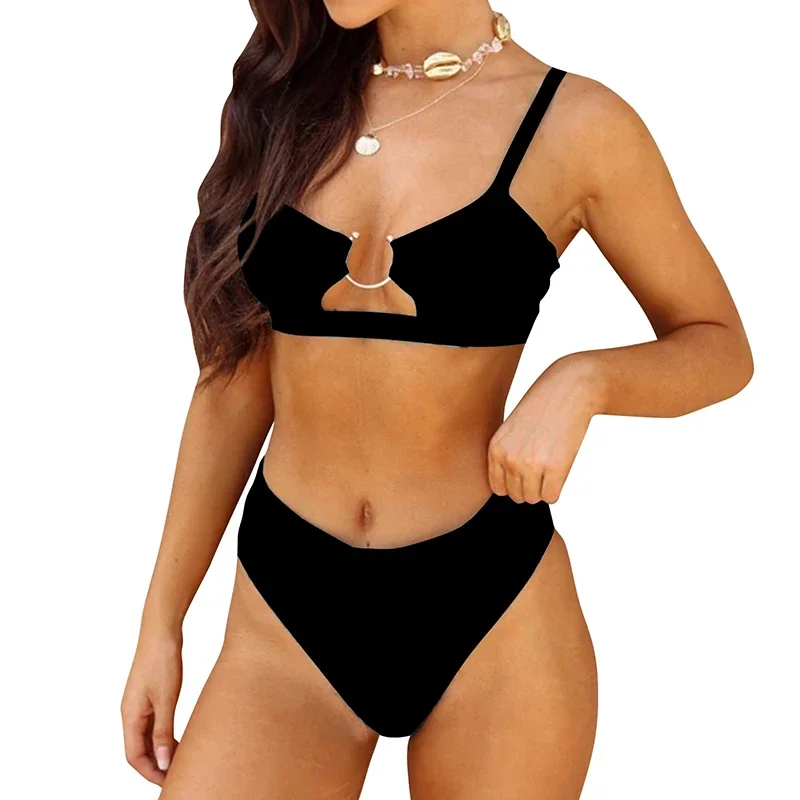 Bikini con realce para mujer, traje de baño negro de cintura alta, unicolor, para playa, 2023