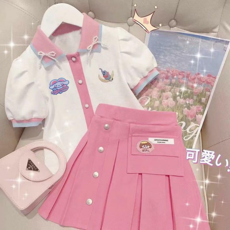 Anime Sanrios My Melody Girls Fashion Short-Sleeved Pleated Skirt Two-Piece Set Preppy Style Sweet Princess Skirt Kids Clothes