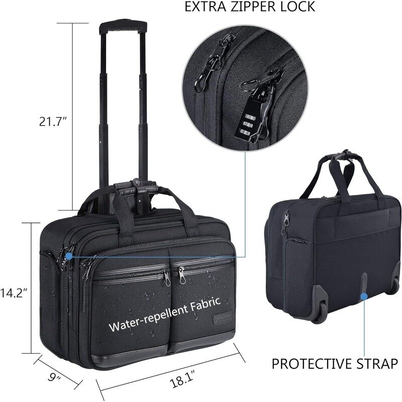 Bolsa repelente al agua para ordenador portátil de hasta 17,3 pulgadas, bolsa enrollable nocturna con bolsillos RFID para viajes/negocios/hombres/mujeres, color negro