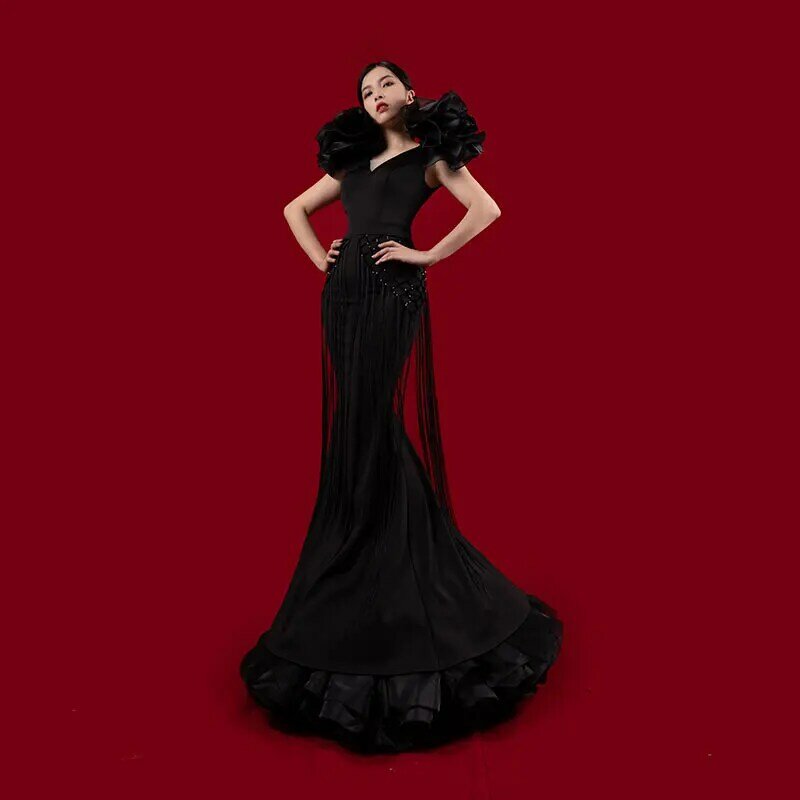 Bai Sha-vestido negro con borlas largas hechas a mano, elegante vestido de noche personalizado con cuentas y flores 3D, espectáculo de pasarela de moda, H584