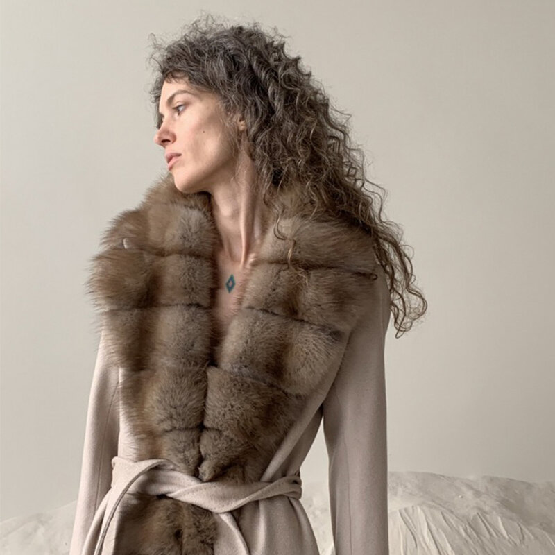 Manteau long en laine de cachemire pour femme, fourrure de renard naturelle, chaud, haute qualité, hiver, 2023