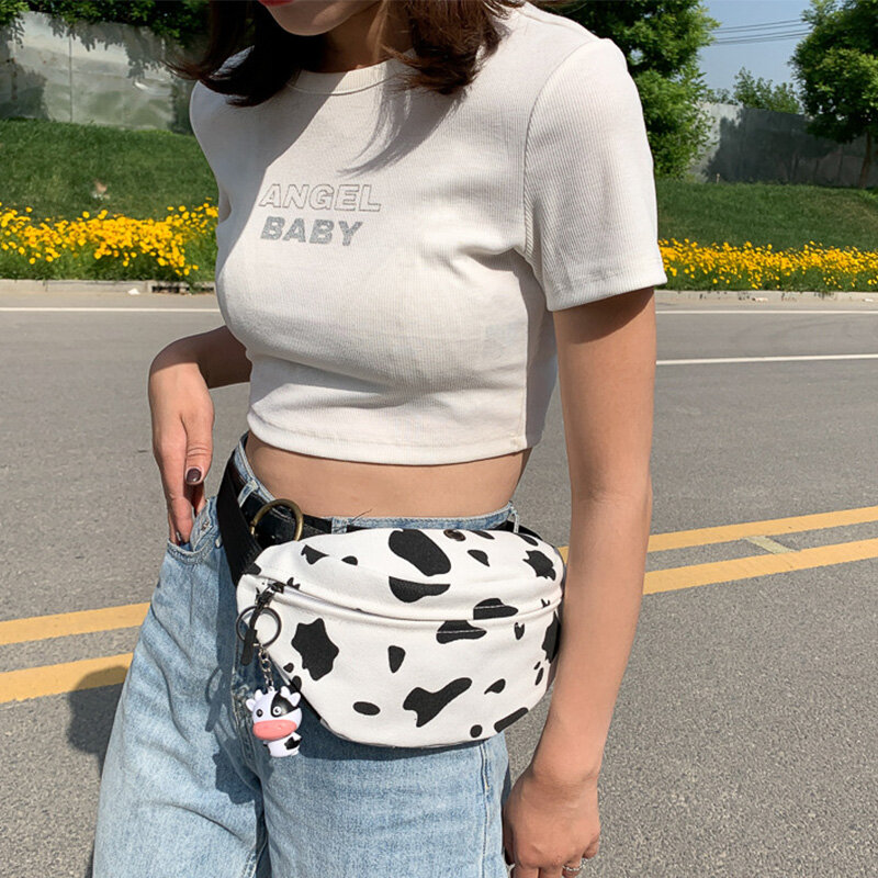 Korean INS Animal Accessories Girl Canvas Cow Cross-Body Chest Bag Women Harajuku Style Versatile Luxury Cute Student Waist Bags
